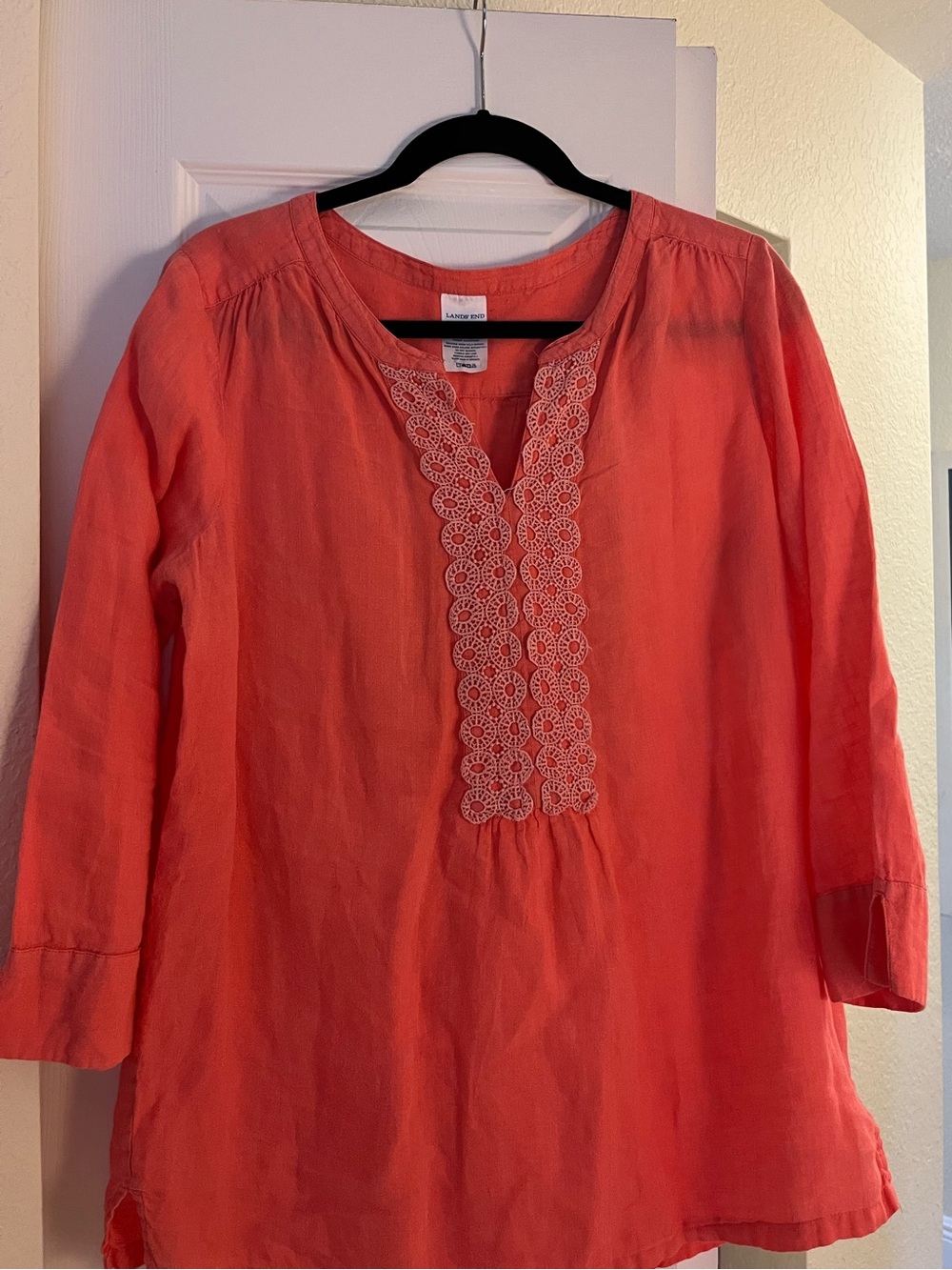 Lands' End Coral Tunic with Lace-Trim V-Placket